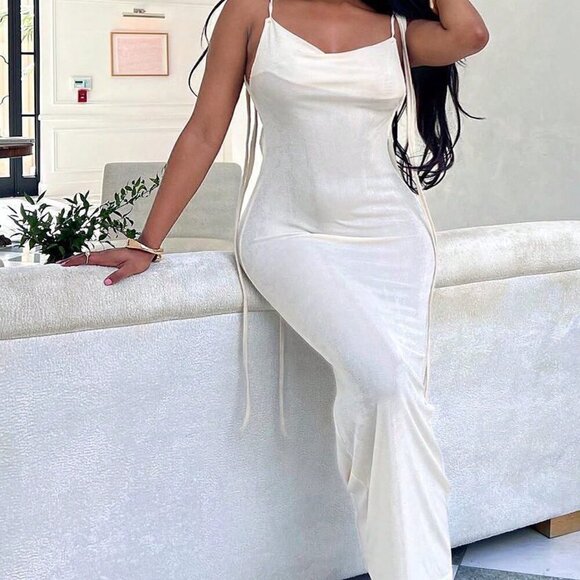 White Sexy Women's Draped Collar Tie Shoulder Cami Dress - Picture 1 of 6